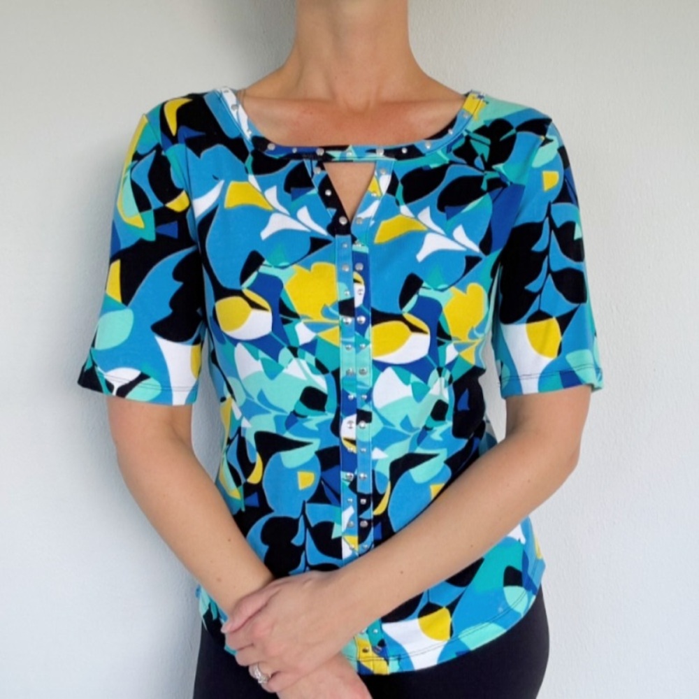 Rafaella blue yellow leaf print keyhole stud neckline 3/4 sleeve top size MP